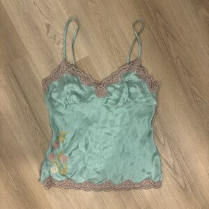 100% Silk Newport News Cami Lace Embroidered Y2K Vintage Size 6 Mint Green Pink
